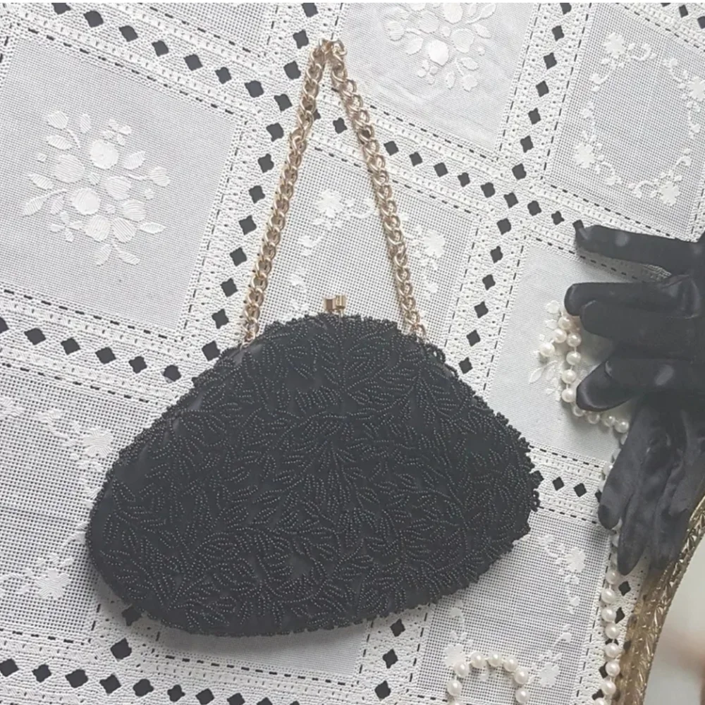 Vintage 1960s Black Beaded Evening Bag: Convertible Clutch - Picture 3 of 9